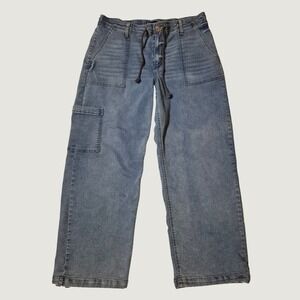 Project Indigo Cargo Jeans XL Wide Leg Utility Drawstring Denim Blue Stretch